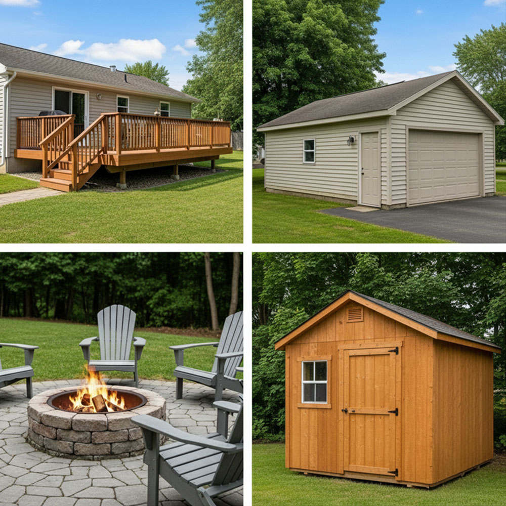 Multiple image graphic showing a house with a wooden deck, a detached garage, a firepit surrounded by Muskoka chairs, and a wooden garden shed with a wooden door and four-pane window.