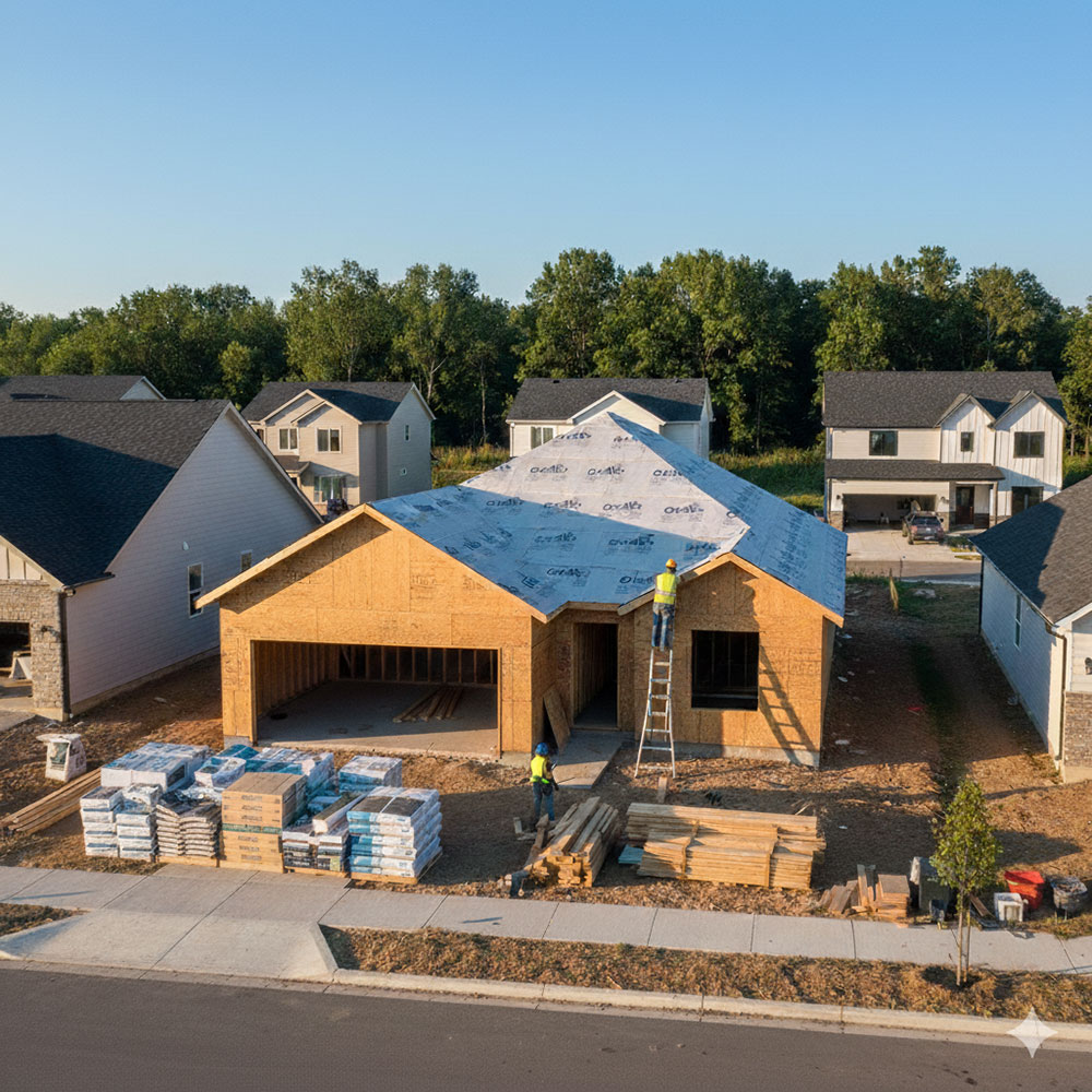 A house under construction in a new subdivision. In the foreground are stacks of building materials and lumber. A worker works on the eave at the front of the house. A variety of completed house are shown in the background.