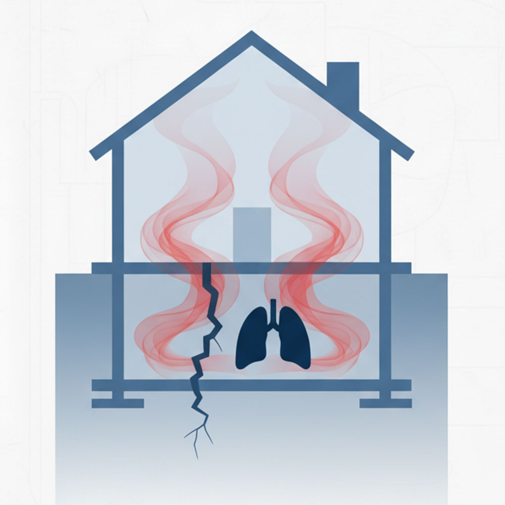 An illustration of radon gas originating in the basement of a home and how it can spread throughout the residence. Radon detector rental.
